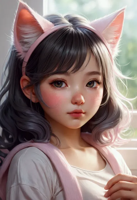 Beautiful , Cat Ears，Volumetric Light, Ultra-realistic, Intricate details, shape, Painting, watercolor, Cute Chibi, Sleep, close your eyes，ah!, Shallow depth of field, Pastel Color Palette, Soft lighting, minimum, Modern, Digital Painting, Lois van Baerle、...