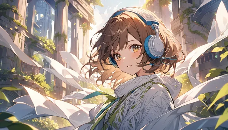 Girl wearing headphones,Brown Hair,1 person,bright,Detailed Background,「The wind that surrounds the heart」 - Let yourself go with the gentle breeze