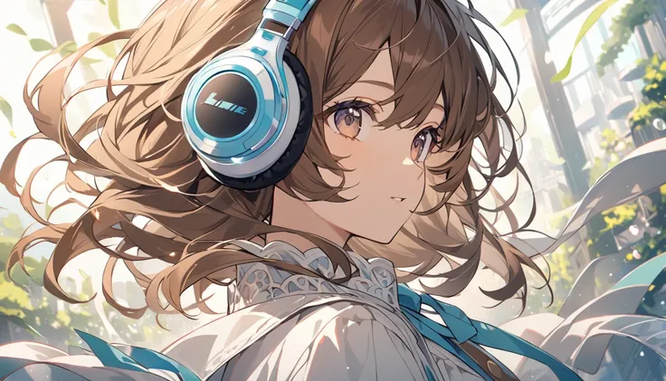 Girl wearing headphones,Brown Hair,1 person,bright,Detailed Background,「The wind that surrounds the heart」 - Let yourself go with the gentle breeze