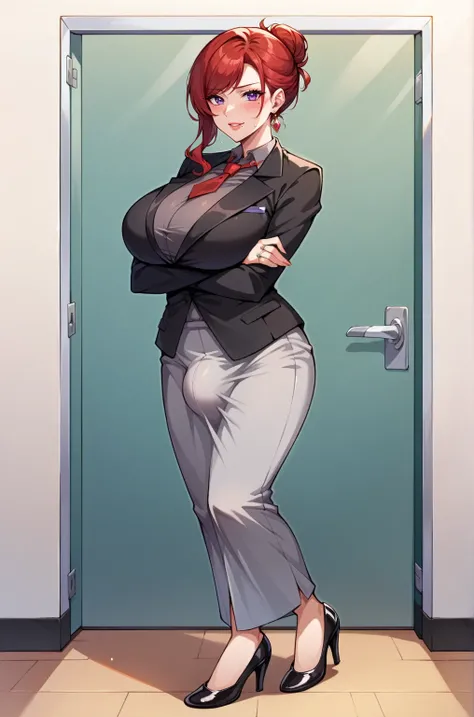 score_9, score_8_up, score_7_up, score_6_up, score_5_up, score_4_up, source_anime, BREAK, lady, mature woman, hung outfit, jewelry, solo, mole under eye, mole, hair bun, single hair bun, red necktie, ring, earrings, crossed arms, shirt, sweatdrop, jacket, ...