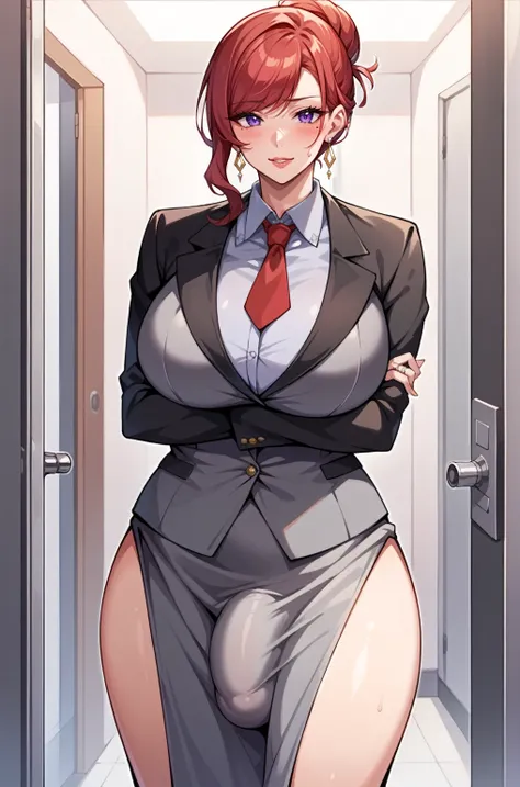 score_9, score_8_up, score_7_up, score_6_up, score_5_up, score_4_up, source_anime, BREAK, lady, mature woman, hung outfit, jewelry, solo, mole under eye, mole, hair bun, single hair bun, red necktie, ring, earrings, crossed arms, shirt, sweatdrop, jacket, ...