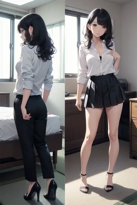 Japan working adults　tall　30 years old　Black Hair　Medium Hair Light Perm　Put hair behind ears　　White shirt　Black pleated skirt　Red high heels　Hot face　　Light blue lace bra　Light blue lace panties　Photograph the whole body　Unbutton your shirt　I can see your...