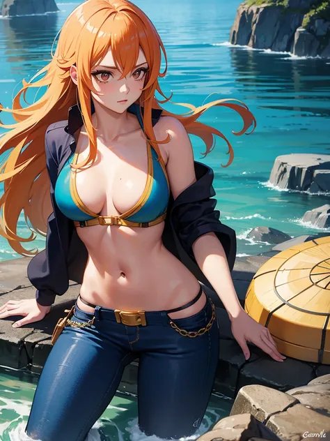 Very beautiful Nami (one piece), Subtle makeup, Moneyen hour, Realistic, High Contrast, 8k hd, detailed, hyper-detailed, Realistic skin texture, orange long hair, Bikini top only, Blue pants, Large Breasts, Highest quality, Ultra-high resolution, RAW Photo...