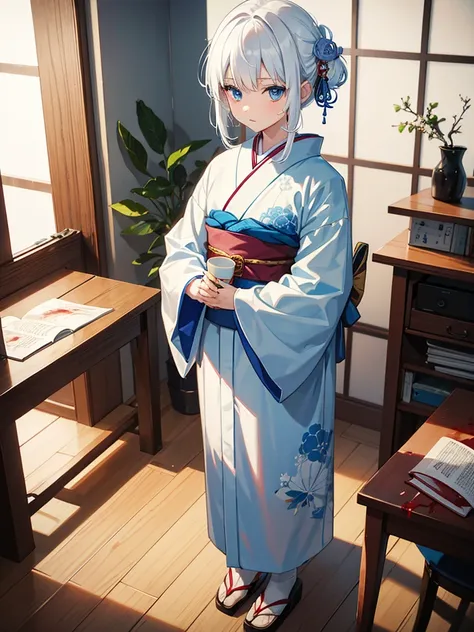 , 8yo, white  hair, wearing japanese kimono, blue colored eyes, holding a cup with blood inside, is in an 80s style office, books around, wood floor.