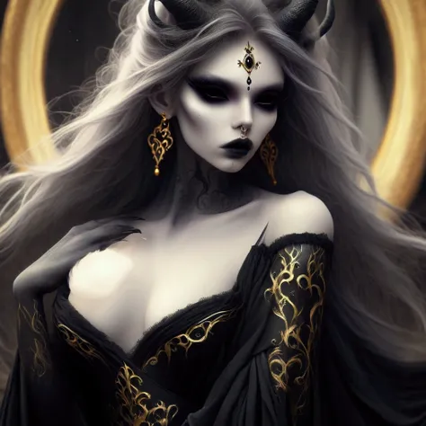 arafed woman with a black dress and gold jewelry in front of a mirror, beautiful elegant demon queen, ((a beautiful fantasy empr...