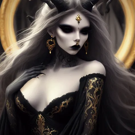 arafed woman with a black dress and gold jewelry in front of a mirror, beautiful elegant demon queen, ((a beautiful fantasy empr...