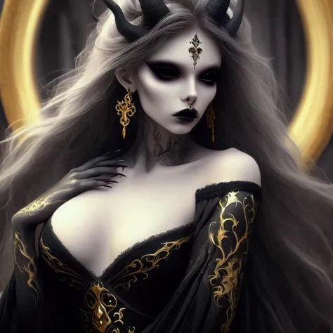 arafed woman with a black dress and gold jewelry in front of a mirror, beautiful elegant demon queen, ((a beautiful fantasy empr...