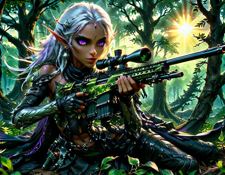 a portrait picture of a 1single female drow elf sniper, lying on a tree branch aiming a sniper rifle, an exotic beautiful elf sn...