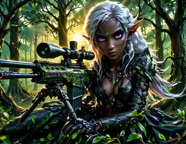 a portrait picture of a 1single female drow elf sniper, lying on a tree branch aiming a sniper rifle, an exotic beautiful elf sn...