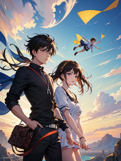 A hd gfx of an 18 year old young girl and a young man flying a kite together