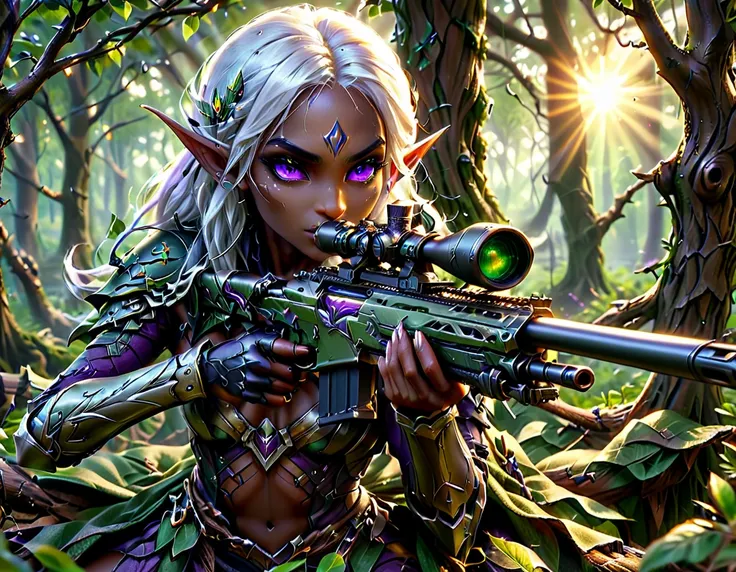 a portrait picture of a 1single female drow elf sniper, lying on a tree branch aiming a sniper rifle, an exotic beautiful elf sn...