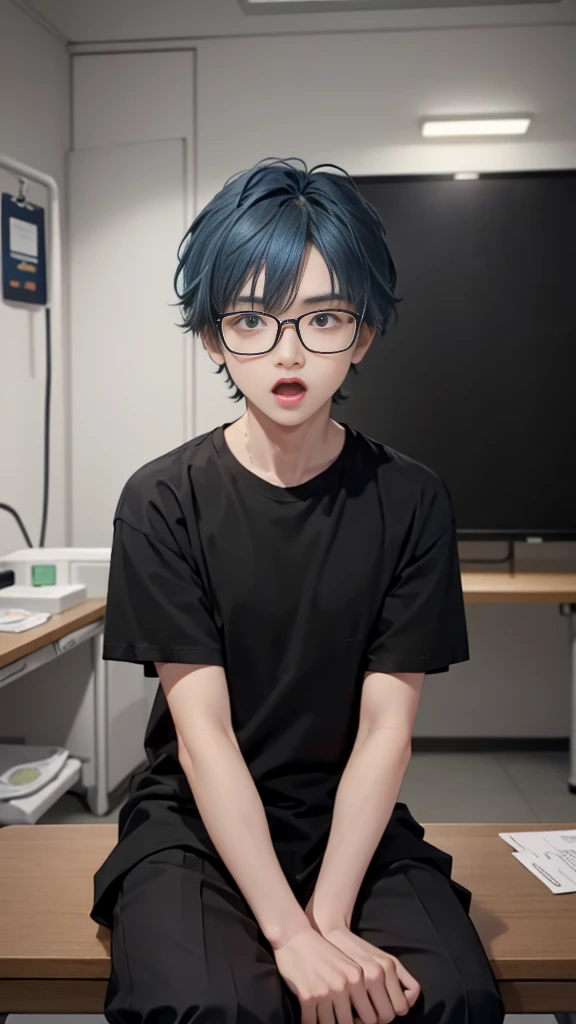 1 boy, Ages 5-6 ,alone, sit (looking at the audience), (black shirt:1.5), long skirt ,Stylish clothes for men, children with glasses /(blue hair/) ใบหน้าที่เป็นworry, open mouth (A masterpiece of the best quality.:1.2) , Delicate illustrations, Special det...