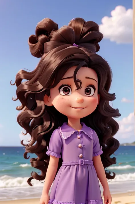 best qualityer, a 6-year-old , on the American, long black hair with big curls and brown eyes, wearing lilac formal dress, at beach