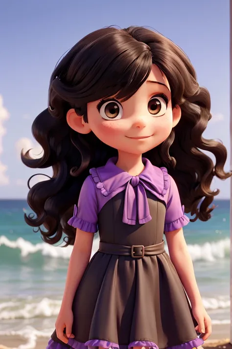 best qualityer, a 6-year-old , on the American, long black hair with big curls and brown eyes, wearing lilac formal dress, at beach