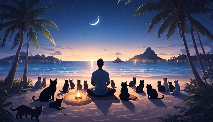 Western person meditating surrounded by cats. The setting is a tropical island. Beautiful landscape with beach on night beach. cinematic lighting. Men meditating