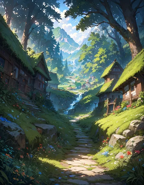 a highly detailed and realistic map of a deep, mysterious forest surrounding a village, with dramatic lighting and shadows to enhance the immersion, the path leading to the village, ultra-detailed, 4k, 8k, highres, masterpiece, ultra-fine painting, physica...