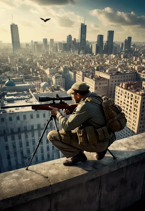 (Sniper), The sniper hid in the shadow of city building top, his gaze fixed firmly on the target below, a busy city scene in the background, bird eye view, full body, award-winning, cinematic still, emotional, vignette, dynamic, vivid, (masterpiece, best q...