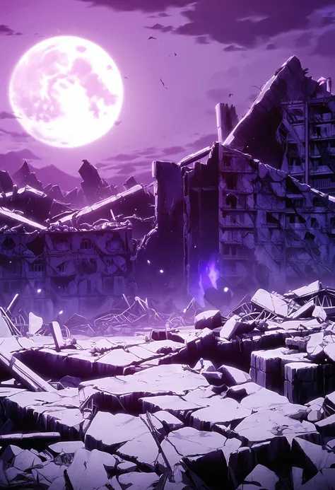 depicts the ruins of damaged buildings with a night atmosphere and a moon emitting purple light, and anime style graphics