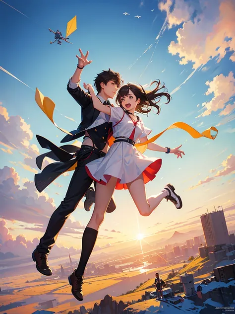 A hd gfx of an 18 year old young girl and a young man flying a kite together