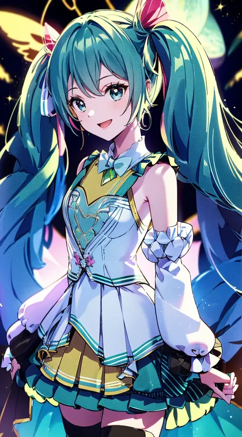 (fluorescence light green long hair:1.6,,),(twintails), (small breasts ),slender、hatsune_miku,super idol　beautiful girl,cute smi...