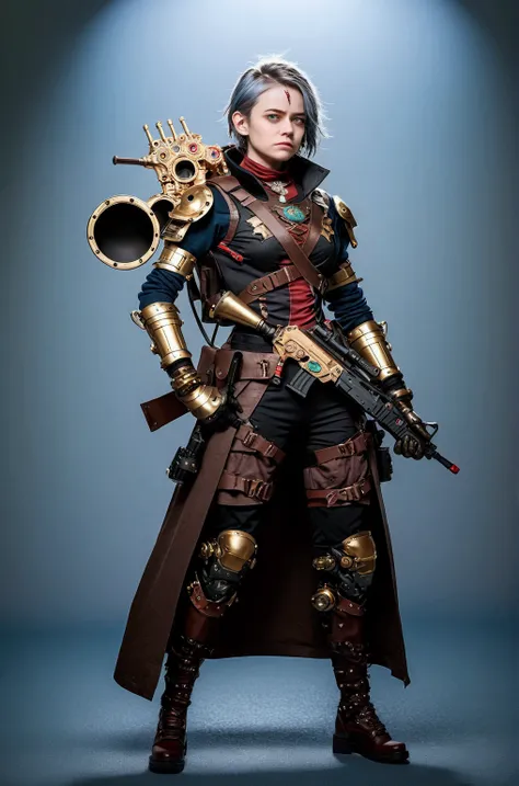 Full-length portrait of a woman,Dark fantasy,main character,Character visuals,Mechanical rifle,Mechanical Backpack