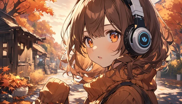 Girl wearing headphones,Brown Hair,1 person,bright,Detailed Background,「Autumn evening」 - Spending time with the autumn scenery