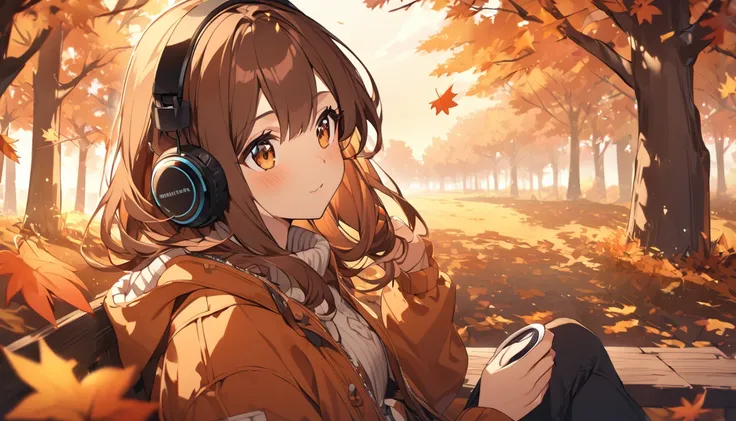 Girl wearing headphones,Brown Hair,1 person,bright,Detailed Background,「Autumn evening」 - Spending time with the autumn scenery