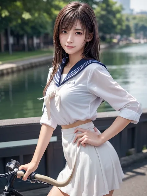 woman,20-year-old,(((Sailor suit))),smile, (See through),blush,(Wet with sweat),Reflecting the buttocks,(((ride a bicycle))),((skirt)), ((skirtは風でめくれている)), （White panties:1.2）、 Beautiful big , Slender body, Highest quality, High resolution, Highly detailed...