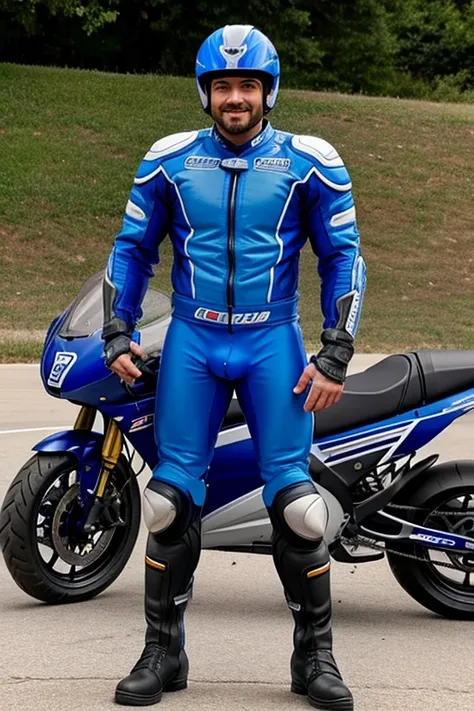 Muscular Roman Todd with facial hair wears blue motorgp suit, motorcycle boots, motorcycle gloves, bulge, big penis, short cut hair, smile, holding his helmet, standing next to a motorcycle, full body view
