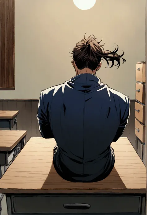 (1 guy,jujutsu kaisen), young looking man, very curly dark brown hair with a long ponytail in the back barely visible from the right side of his head, sitting in a desk and infront of a desk, facing viewer, artwork
