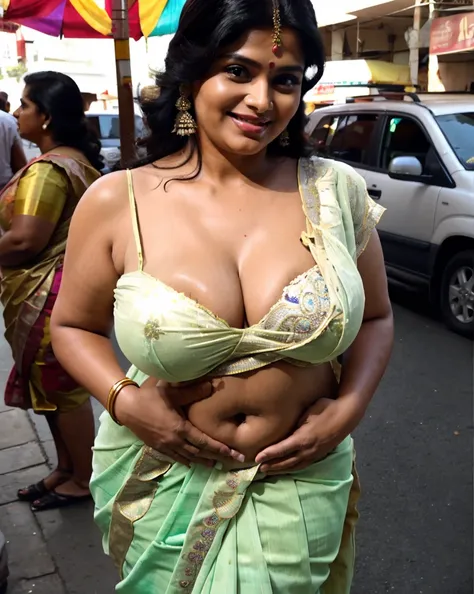 a beautiful gorgeous plump indian 45-year-old woman wearing a saree, huge breasts, hot body curves, smiley face, white skin, sta...