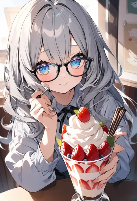 Eat a parfait、17 year old beauty、Gray Hair、cute、Black glasses、blue eyes、