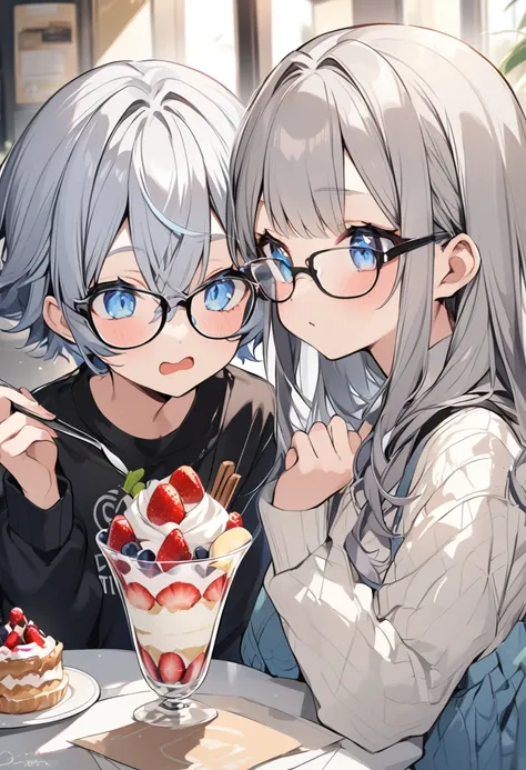 Eat a parfait、17 year old beauty、Gray Hair、cute、Black glasses、blue eyes、