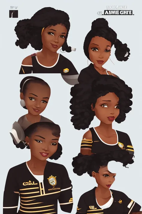 create me a black female character, , no artistic cartoon style, wearing normal clothes and a brazilian team shirt, with a white...