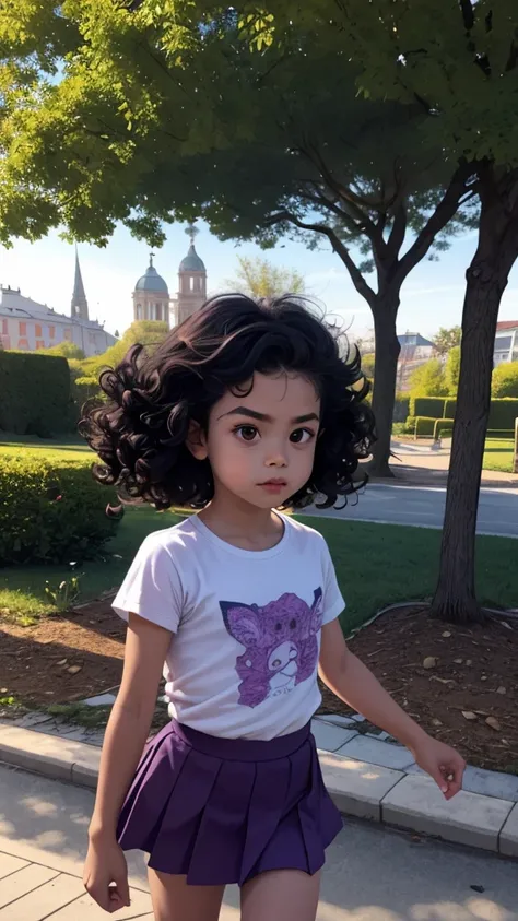 best qualityer, a 6-year-old , on the American, long black hair with big curls and brown eyes, wearing lilac t-shirt and purple skirt, in park