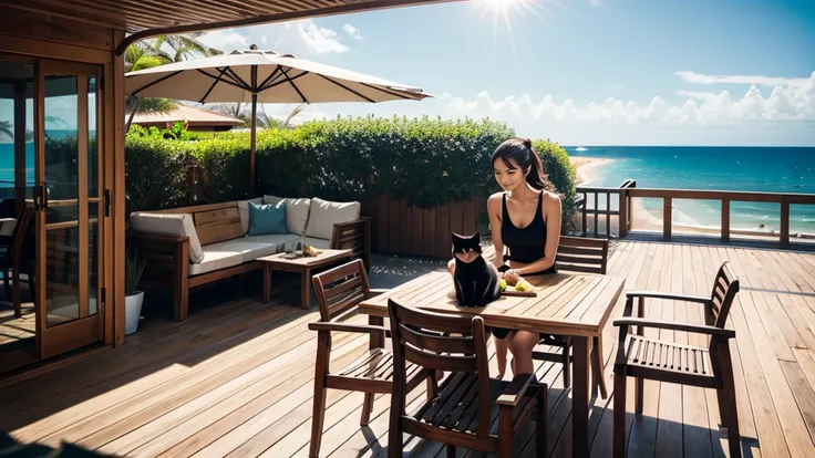 Sandy beach, wooden open terrace, woman holding cat, pleasant breeze, chairs and table, strong sunlight, sea view, beautiful woman, hair blowing in the wind,