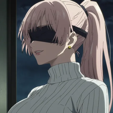 1girl, female gojo satoru, anime screencap from jujutsu kaisen, gojo satoru female version, solo, long_hair, ((wearing black blindfold)) ((White_hair, high ponytail)), night view, (hanging breasts) upper_body, smile, lips, (long hair) ((wearing white colou...