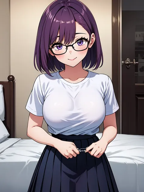 1girl, cowboy shot,porn, smile, glasses, 
nitengojigen_ririsa, purple eyes, purple hair, short hair, bangs, lace underwear, shor...