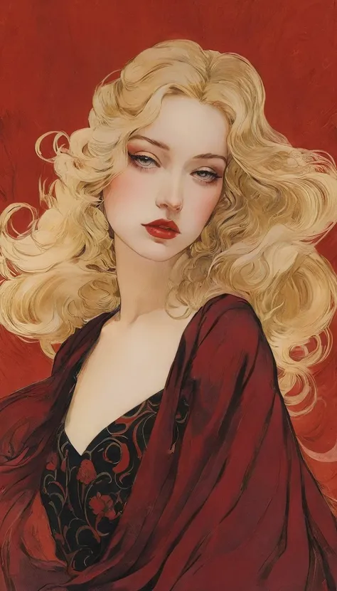 Sensual illustration of a graceful princess using chiaroscuro (((Blonde hair without bangs:1.4、Beautiful Eyes) , Vintage ,Silk dress, Matte Paint, John Singer Sargent, by Katsuya Terada、 Very soft color, Dark Vivid, Dark Red Pastel, Very detailed, Digital ...