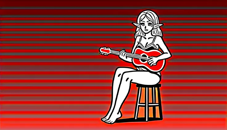 Draw a detailed anime-style scene of an elf playing the guitar in a busy tavern. The girl must have long, wavy blonde hair and bright amber eyes. Night environment, the girls camera zoom must be distant, full body, She is sitting on a wooden stool, wearing...