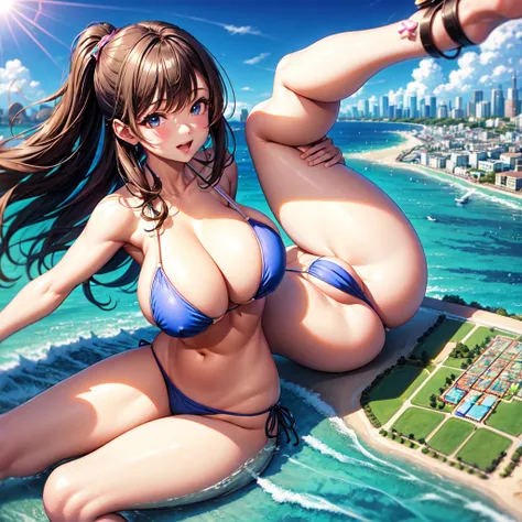 Giantess bikini with big breast laying on the city map