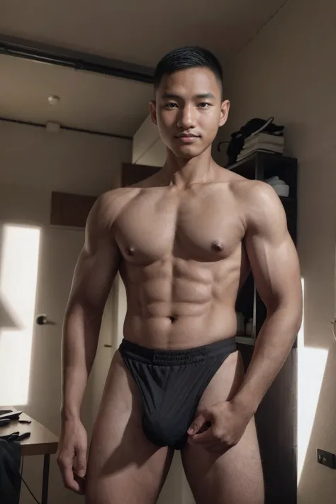 boy, (Black Eyes), happy smile,Thai boy,17 years old,Wear glasses,man hot nerd,young, firm body, slender, skinny boy body build, child-like,Thai Teenage boy,Close-up photo,full body photo ,RAW Photo,photo of a hansome man,alpha male, huge biceps, ripped ab...