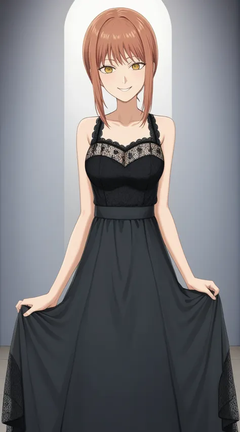 1fille, makima, chainsaw man, russet hair, (smirking:0,7), beautiful dress, long black dress, lace, front, (masterpiece, best qu...