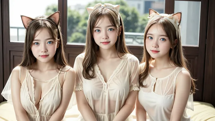 (3 girls), Young faceอินโดนีเซีย, smile, white skin, Round breast, blue eyes,(((Loose see-through blouse.(cream:1.2))))Masterpiece, Highest quality, 8k, beautiful girl, Young face、 photography, Cute face, thigh,embarrassing valley、รอยsmile、((((((12 years o...