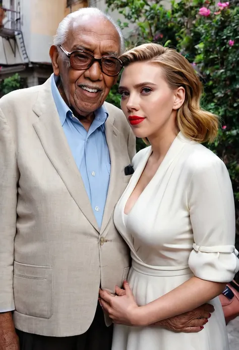 90-year-old grandfather is standing next to movie star scarlett johansson. el la abraza y la besa.  Son felices
