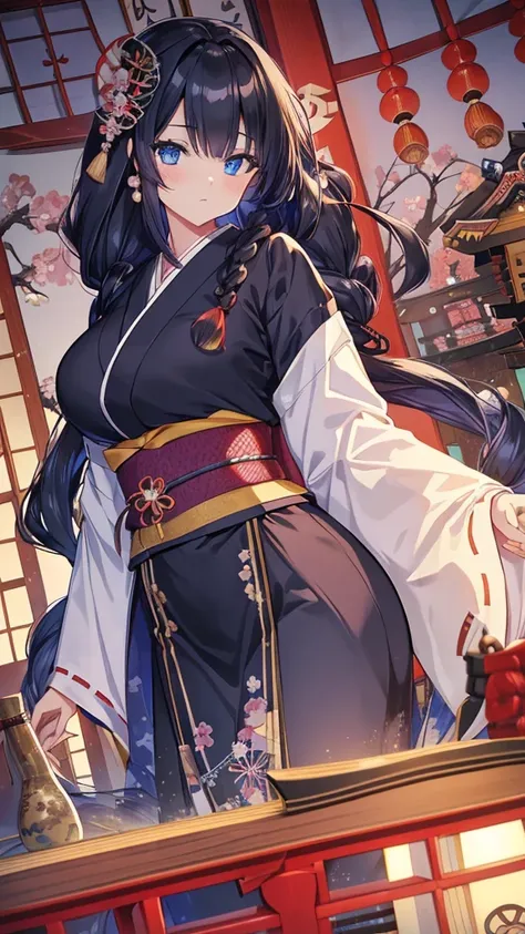 best quality, extremely detailed,anime style girl,long hair down to the waist, straight hair, ((dark black hair with bluish)),braid,beautiful detailed eyes, pinched eyes, (dark blue eyes),huge breasts,curvy,kimono,clothing with complex patterns,hair orname...