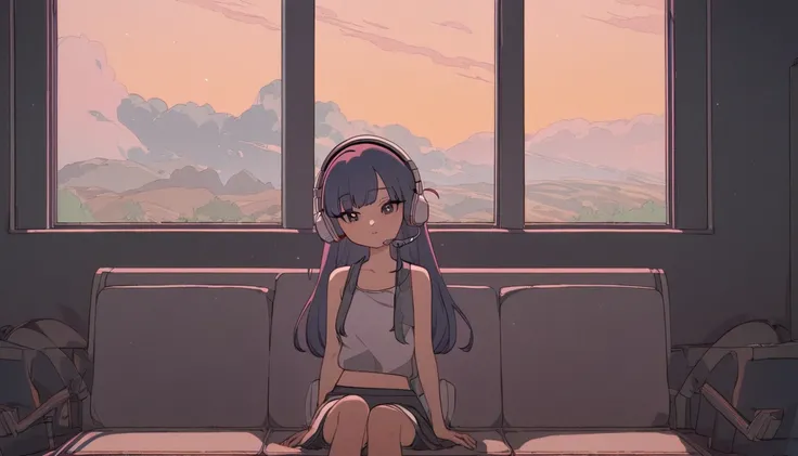 A girl dancing solo with headphones on in her room - "Solo jam session",chat ear、Dancing GirlSomeone is sitting on a train bench and looking out a window at the landscape passing by, Elogio Artstyle, Arte Lofi, lofi aesthetic, Lofi Sensation, Hip Hop Lofi,...