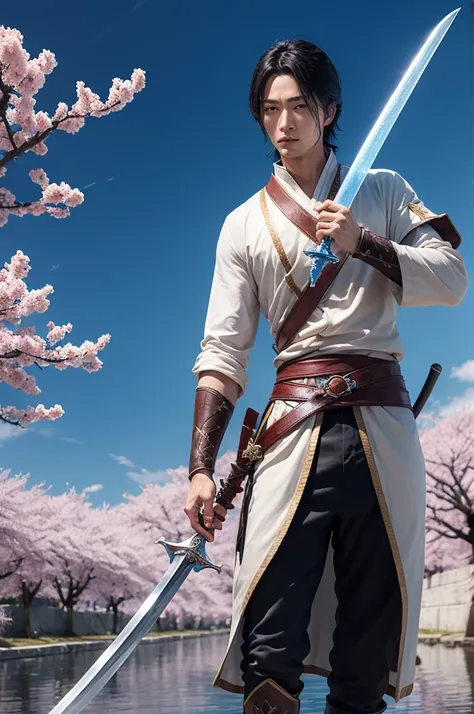 Swordsman with water sword on a background of cherry trees 