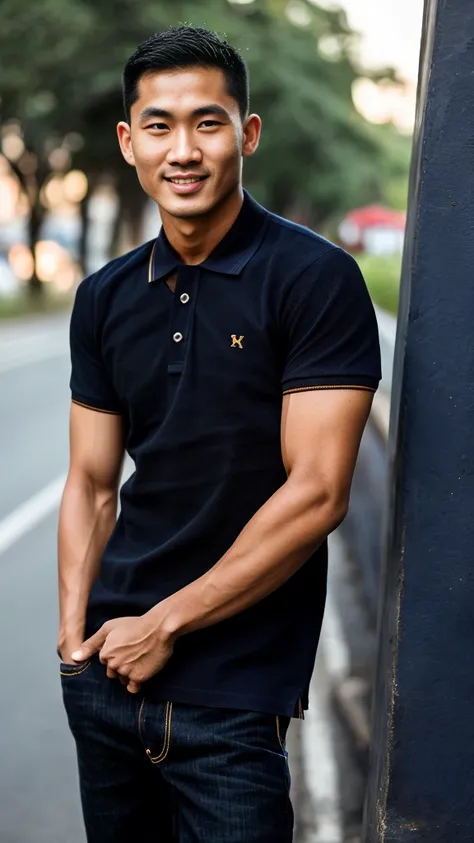 Thai man ,man，He is about 30 years old..，Rough and handsome appearance，large breastsj，Big waistline，buzz cut, angry, sullen, best quality, Masterpiece，（Have muscles：4.5），(best quality,high resolution,Masterpiece:1.2),The eyes are natural and delicate..,1 p...