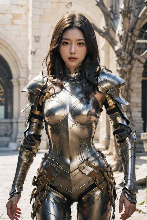 a woman in armor posing, bikini armor 女骑士, armor girl, , bikini armor, metal armor，heavy armor，metallic bikini，metal breastplate...